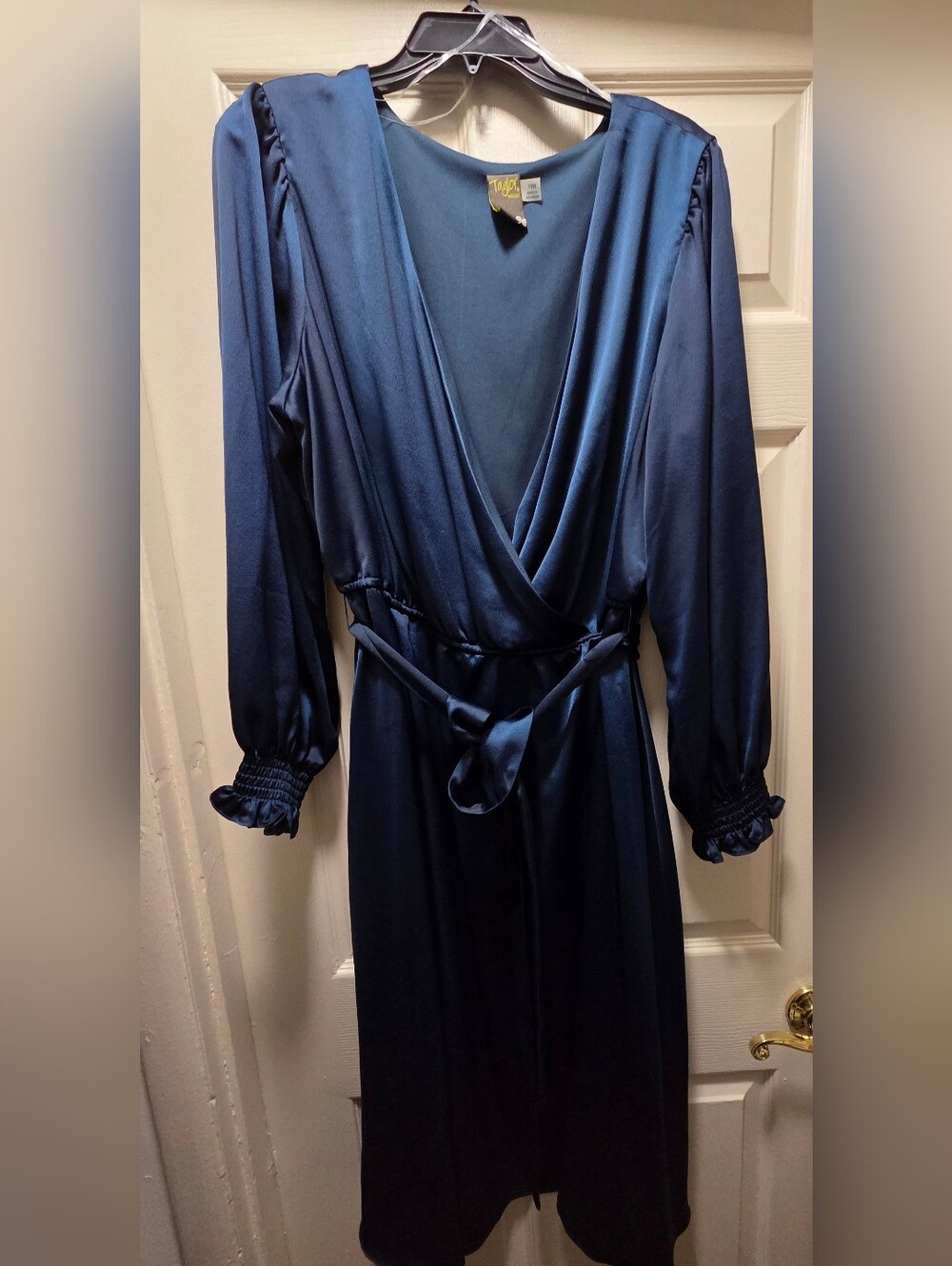 Taylor Satin Faux Wrap Midi Dress in Teal/Deep Navy
